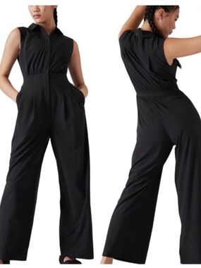 Athleta Black Sleeveless Collared Wide-Leg Jumpsuit